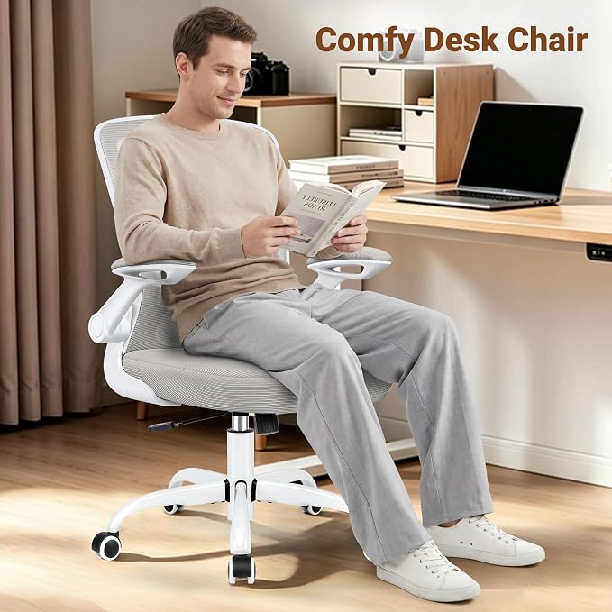 BESTFAIR Ergonomic Office Chair, Mesh Computer Chairs with Lumbar Support, Swivel Desk Chair with Flip-up Arms and Adjustable Height, Light Gray