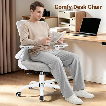 BESTFAIR Ergonomic Office Chair, Mesh Computer Chairs with Lumbar Support, Swivel Desk Chair with Flip-up Arms and Adjustable Height, Light Gray
