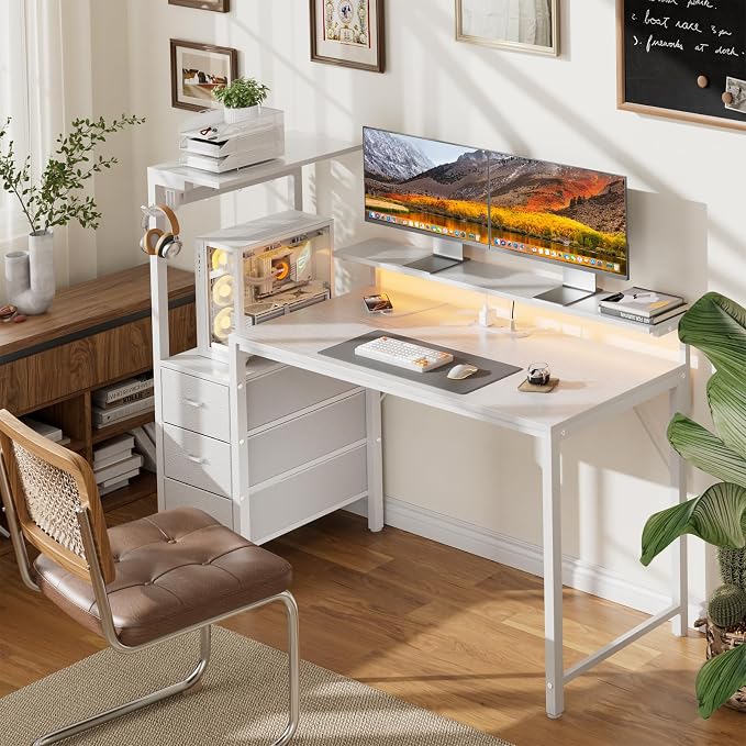HLDIRECT 44 inch Gaming Desk with 3 Fabric Drawers & Side Hooks-Reversible Home Office Computer Desk with Power Outlets & Led Lights, Gamer Desk Table with Monitor Stand, White