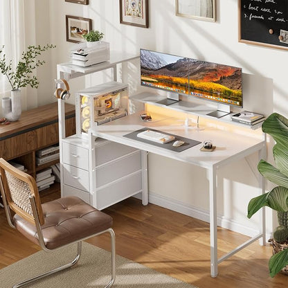 HLDIRECT 60 inch Gaming Desk with 3 Fabric Drawers & Side Hooks-Reversible Home Office Computer Desk with Power Outlets & Led Lights, Gamer Desk Table with Monitor Stand, White