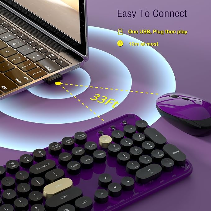Links9+ Retro Wireless Keyboard and Mouse Combo, 104-Key Full-Size Floating Round Keycaps, 2.4G Plug & Play, USB & Type-C Ready, Ergonomic Set for Mac, Laptop, PC, Windows (Purple-Black)