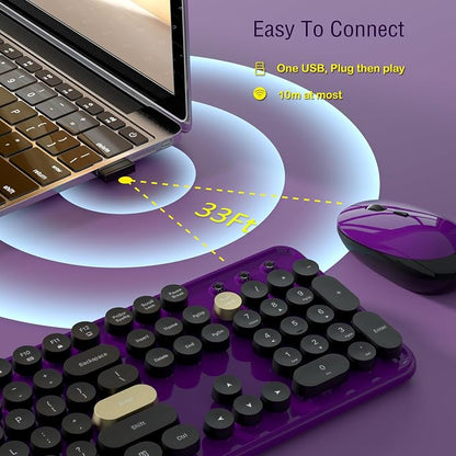 Links9+ Retro Wireless Keyboard and Mouse Combo, 104-Key Full-Size Floating Round Keycaps, 2.4G Plug & Play, USB & Type-C Ready, Ergonomic Set for Mac, Laptop, PC, Windows (Purple-Black)