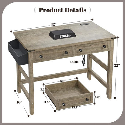 EnHomee Small Desk for Bedroom, Computer Desk with Power Outlets for Home Office, Desks with Drawers and a Side Pocket,Vanity Desks for Bedroom, Dark Rustic Oak