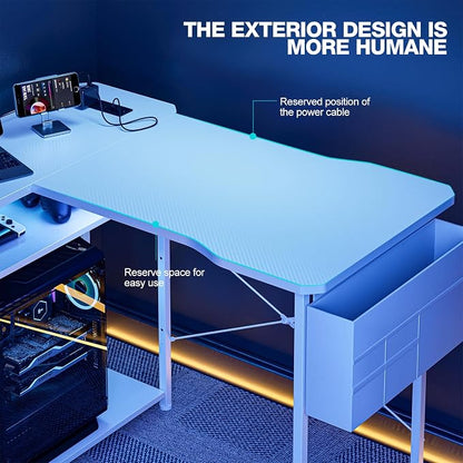 Acrolix L Shaped Gaming Desk 55 Inch - Computer Corner Desk with Power Outlets, Reversible Shelves & Storage Bag for Home Office, PC Gaming Table, White Carbon