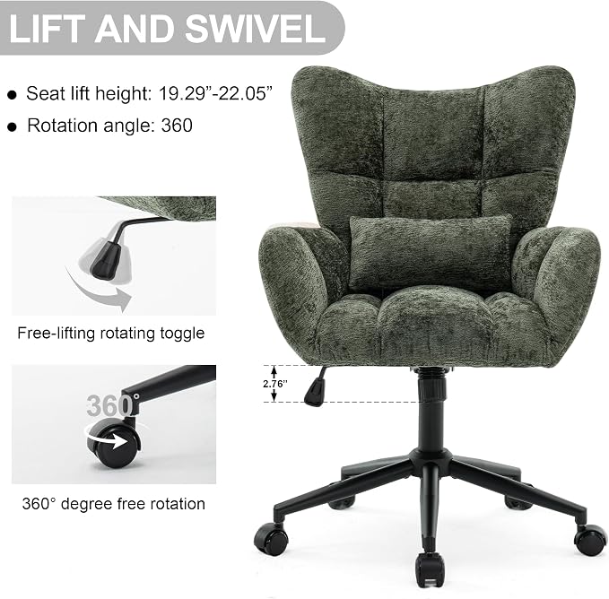 Home Office Desk Chair, Modern Tufted Chenille Vanity Chair, Adjustable Upholstered Swivel Computer Chairs for Bedroom, Living Room，Green