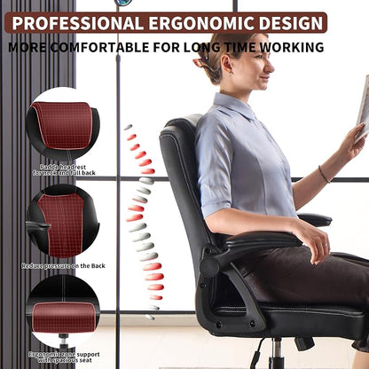 Executive Office Chair, Ergonomic PU Leather Computer Chairs, Executive Breathable Desk Chair with Padded Flip-Up Arms, 360° Swivel Rolling Chair Comfy Padded for Working Studying Gaming (Black)