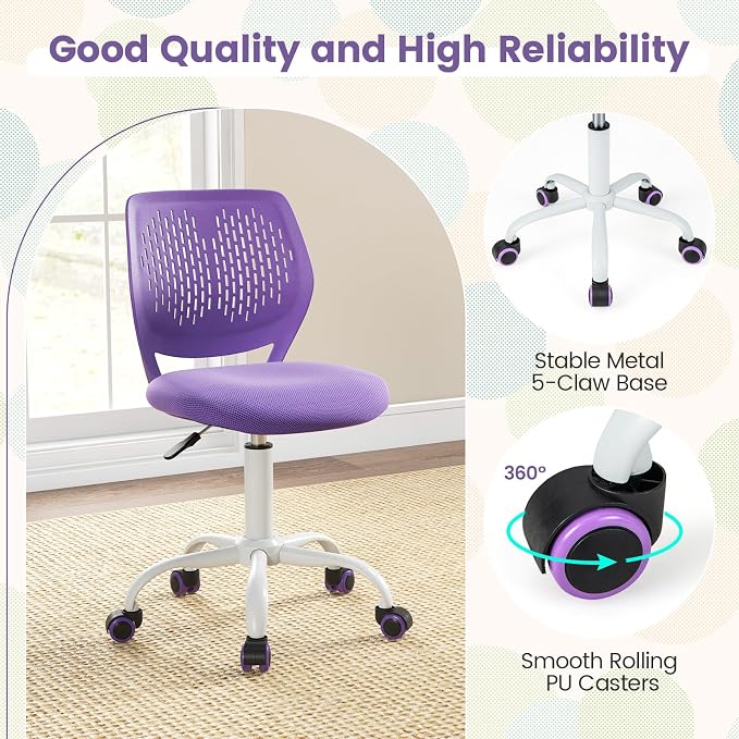 POWERSTONE Small Home Office Desk Chair, Swivel Rolling Study Computer Chair, Adjustable Height Task Chair with Armless Mid Back, Upholstered Mesh Seat, Purple
