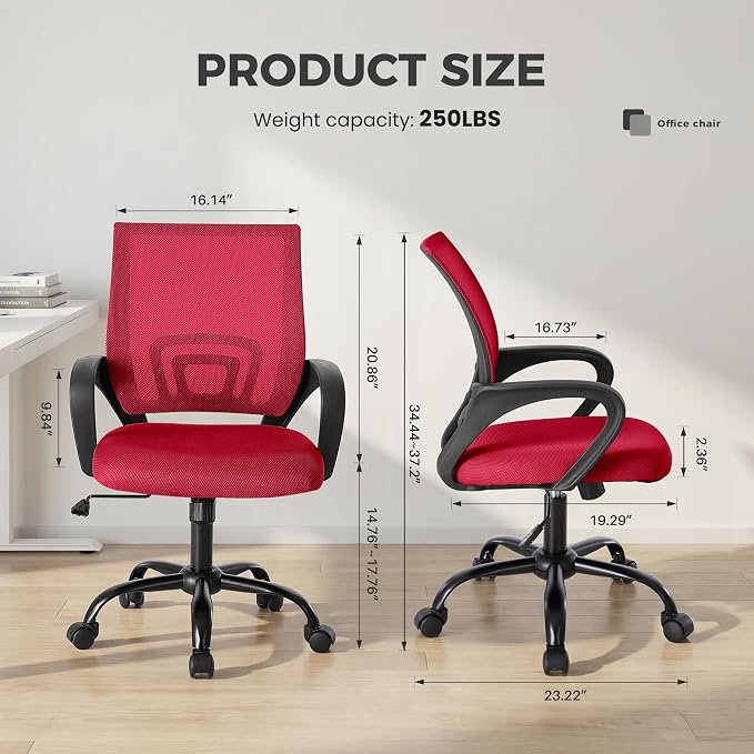 OLIXIS Office Desk Chair - Ergonomic Mid Back with Lumbar Support & Rocking Mode, Height Adjustable with Fixed Armrest, for Home, Computer, Gaming, Conference, Meeting Room, 360° Swivel, Red, 2 Pack