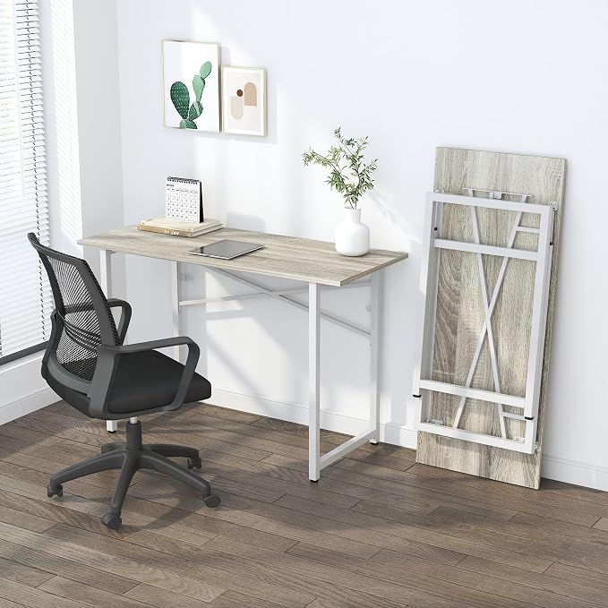 Lutown-Teen Folding Desk 47 inch No Assembly Required Home Office Table, Writing Gaming Computer Camping Desk, Beige
