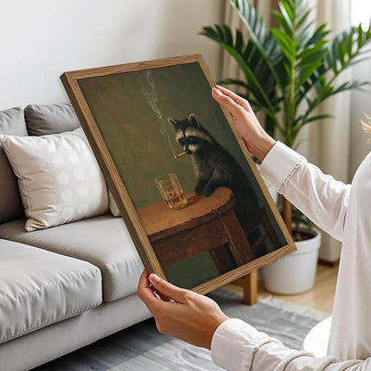 Framed Vintage Raccoon Wall Art, Moody Raccoon Canvas Prints, Funny Dark Academia Animal Poster, Classic Oil Painting Style Artwork, Whimsical Wall Decor for Living Room Bedroom Office 12x16in