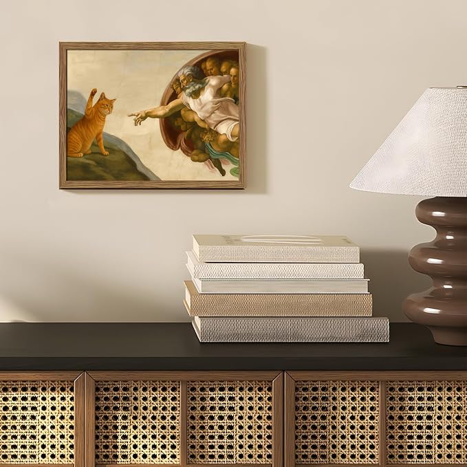 Framed Vintage Cat Canvas Wall Art, Funny Orange Cat Parody Classic Masterpiece Prints, Renaissance-Inspired Animal Artwork, Humorous Wall Decor for Living Room Bedroom Playroom – 8x10 inch
