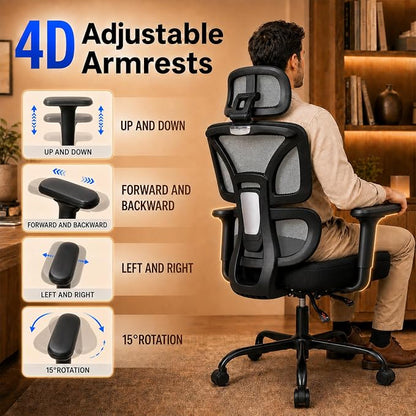 Ergonomic Office Chair with Footrest - High Back Mesh Computer Desk Chair | with Back Support, 135° Reclining, 4D Armrest & Headrest, 400lbs Thickened Seat Cushion, for Home Office, Work & Gaming