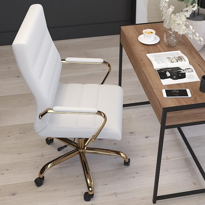 Merrick Lane Milano Contemporary High-Back White Faux Leather Home Office Chair with Padded Gold Arms