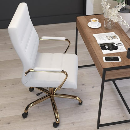 Merrick Lane Milano Contemporary High-Back White Faux Leather Home Office Chair with Padded Gold Arms