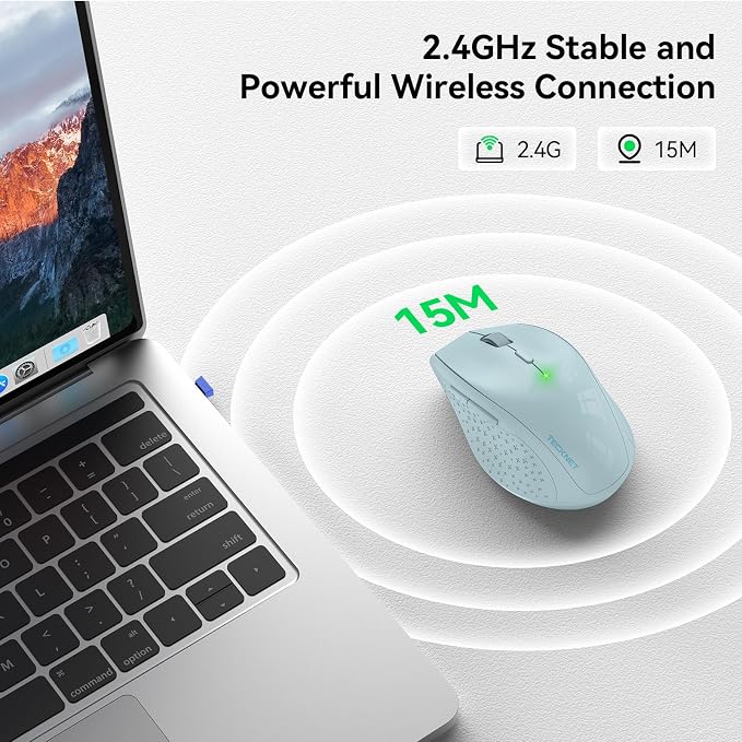 TECKNET Wireless Mouse, 2.4G USB Computer Mouse with 6-Level Adjustable 4800 DPI, 30 Months Battery, Ergonomic Grips, 6 Buttons Portable for PC, Chromebook, Mac - Lightblue
