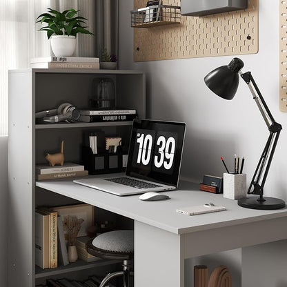 HOMCOM Modern Home Office Desk with 6-Tier Storage Shelves, 47" Writing Desk with Bookshelf, Gray