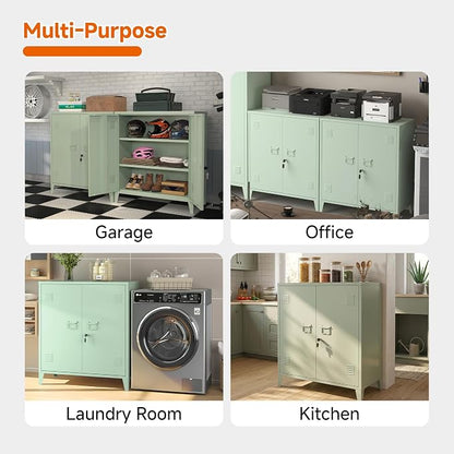 Metal Storage Cabinet Locking Storage Cabinet (Green) | With 2 Adjustable Shelves and Doors, Small Storage Cabinet for Home Warehouse Office Garage