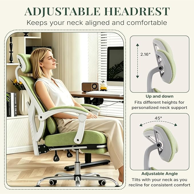 Ergonomic Office Chair with Footrest, High Back Home Desk Computer Chair with Lumbar Support & Headrest, 90-135° Reclining Mesh Back with Wheels for Work, Gaming, Green