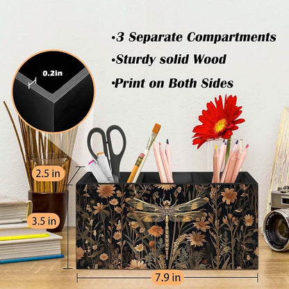 Vintage Moody Dragonfly Pen Holder for Desk, Dark Cottagecore Decor Dragonfly Pencil Organizer, Rustic Retro Dragonflies Wooden Pen Holder Desk Accessories Decor for Home Office