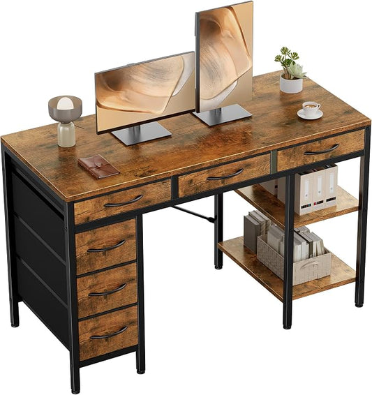 OLIXIS Computer desk with 6 Drawers, 47 inch Office workstation with Storage Shelves, Reversible Gaming setup, Corner table with Storage Drawers, Work for Home Office, Study, Living Room, Rustic Brown