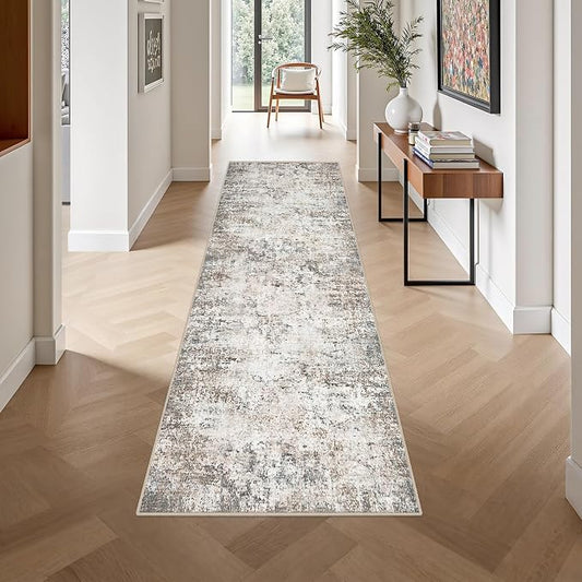 2.6'x10' Runner Rug Washable Rug: Modern Abstract Soft Thin Runner Rug Brown Grey