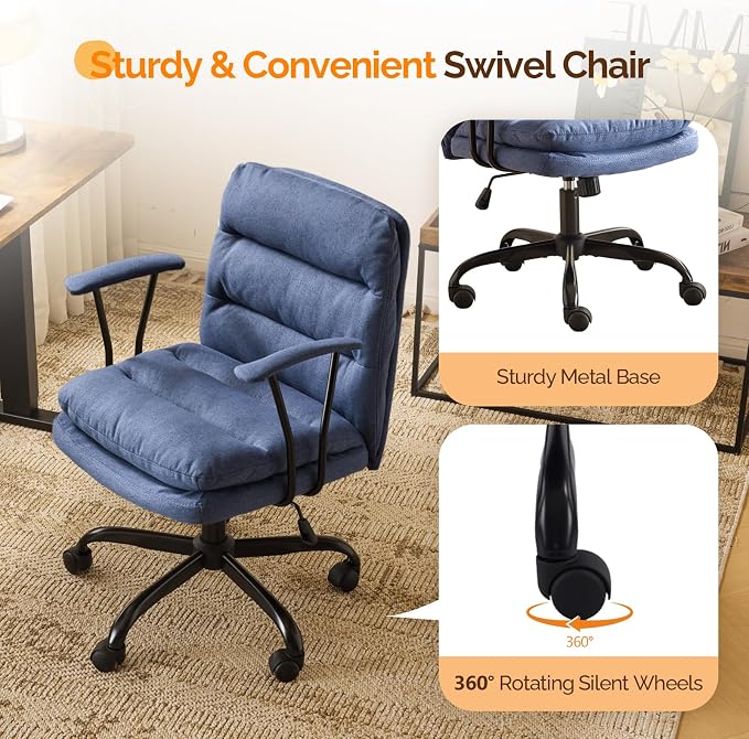 VINGLI Comfortable Office Desk Chairs with/No Wheels,Dual-Base,Removable Armrests,Adjustable Comfy Rolling Swivel Computer Nail Tech Chair for Office,Sewing,Makeup Vanity,Teen,Linen Fabric,Navy Blue