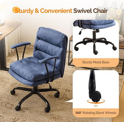 VINGLI Comfortable Office Desk Chairs with/No Wheels,Dual-Base,Removable Armrests,Adjustable Comfy Rolling Swivel Computer Nail Tech Chair for Office,Sewing,Makeup Vanity,Teen,Linen Fabric,Navy Blue
