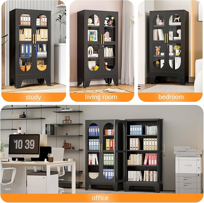 PAOFIN 47" H Locking Display Cabinet with Glass Door, Metal Cabinets with 3 Adjustable Shelves, Cabinet Display Case for Living Room, Collectibles, Clinic, Home - Assembly Required Black