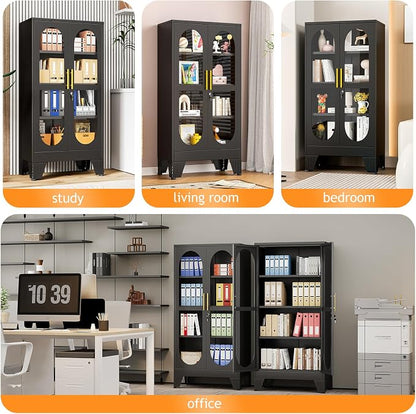 PAOFIN 47" H Locking Display Cabinet with Glass Door, Metal Cabinets with 3 Adjustable Shelves, Cabinet Display Case for Living Room, Collectibles, Clinic, Home - Assembly Required Black