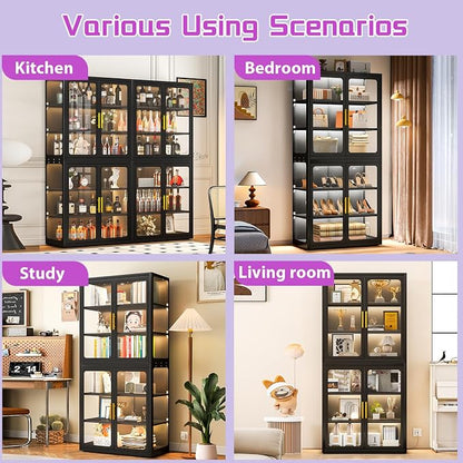 PAOFIN 67" Display Cabinet with Glass Doors, 4-Tier Curio Cabinet with Many Color Lights for Collectibles, Glass Display Case, Bookcase with 4 Shelves, Storage Cabinets, Black