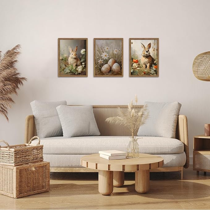 Vintage Easter Bunny Wall Art Set of 3, Spring Easter Rabbit Eggs Canvas Wall Decor Paintings, Rustic Farmhouse Animal Artwork Prints Pictures for Living Room Bedroom Bathroom 16x24 Inch Framed