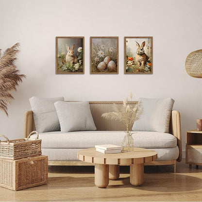 Vintage Easter Bunny Wall Art Set of 3, Spring Easter Rabbit Eggs Canvas Wall Decor Paintings, Rustic Farmhouse Animal Artwork Prints Pictures for Living Room Bedroom Bathroom 12x16 Inch Framed