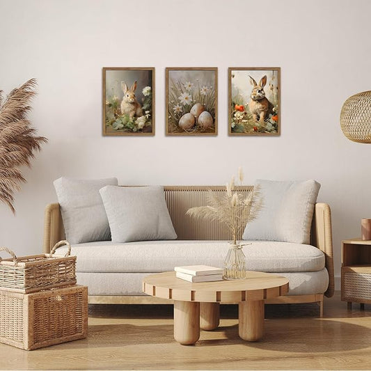 Vintage Easter Bunny Wall Art Set of 3, Spring Easter Rabbit Eggs Canvas Wall Decor Paintings, Rustic Farmhouse Animal Artwork Prints Pictures for Living Room Bedroom Bathroom 12x16 Inch Framed