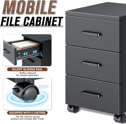 L-Shaped Executive Desk with LED Lights, Modern Reception Desk with AC Power Outlets/USB/Type-C, Executive Workstation with Locked Storage Cabinet, for Office (Black/Brown, 76.7"L/23.6“W/43.4”H)