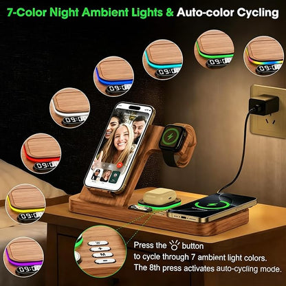 Dual Phone Wireless Charging Station for Apple Devices, Magnetic Charging Station for iPhone with Auto Switch 7-Color Light&Clock, Family Watch Charger for iPhone17 for iWatch11 for AirPods Pro3(Wood)