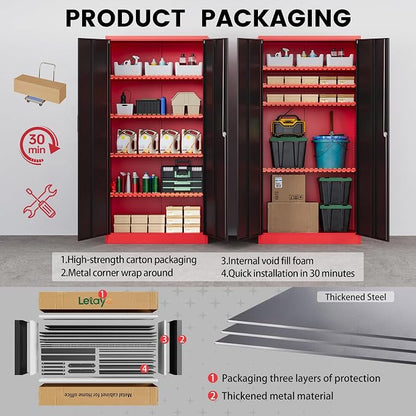 Letaya Metal Storage Cabinets with Lock, 71" Tall Locker Organizer Steel Cabinets, Adjustable Shelves 2 Doors for Home, Office, Warehouse,Garage,Industrial,Employee Lockers (Style B, Black Red)