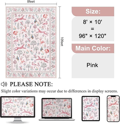 DUKINO 8x10 Rug, Washable Animal Living Room Rug with Non Slip Vintage Design, Soft Low Pile Large Carpet for Bedroom, Nursery, Dining Room, Farmhouse, Playroom, Pink