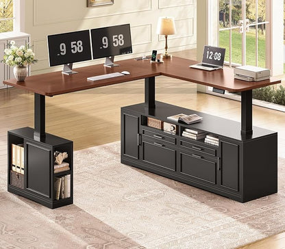 SEDETA Farmhouse L Shaped Electric Standing Desk, 69" x 55" Height Adjustable Office Executive Desk with 4 Drawers and Storage Shelves, Sit Stand Computer Desk with Power Outlet, Black and Brown