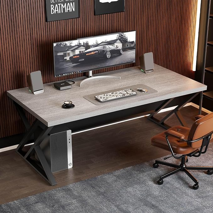 LVB 60 Inch Modern Grey Wood Metal Computer Desk, Home Office Executive Desk for Bedroom Gaming Study Writing Work, Industrial Simple Student PC Table with Storage
