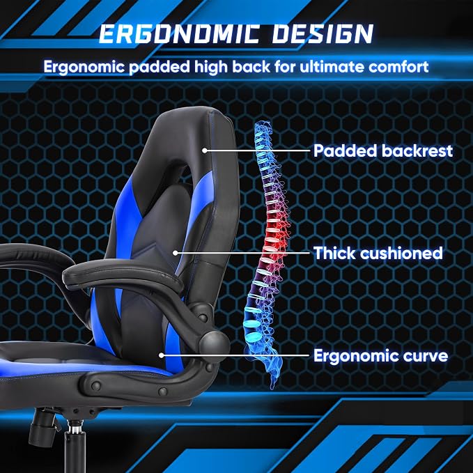 NEWBULIG Gaming Office Computer Chair – Ergonomic Mid-Back with Flip-Up Armrests, Adjustable Height, Lumbar Support & 360° Silent Swivel Wheels, PU Leather for Home/Office, Blue