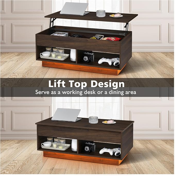 HOMMPA LED Coffee Tables for Living Room, 40 Inch Lift Top Coffee Table with Hidden Storage Mid Century Modern Center Table, Smart Gaming Tea Tables for Home Office Walnut