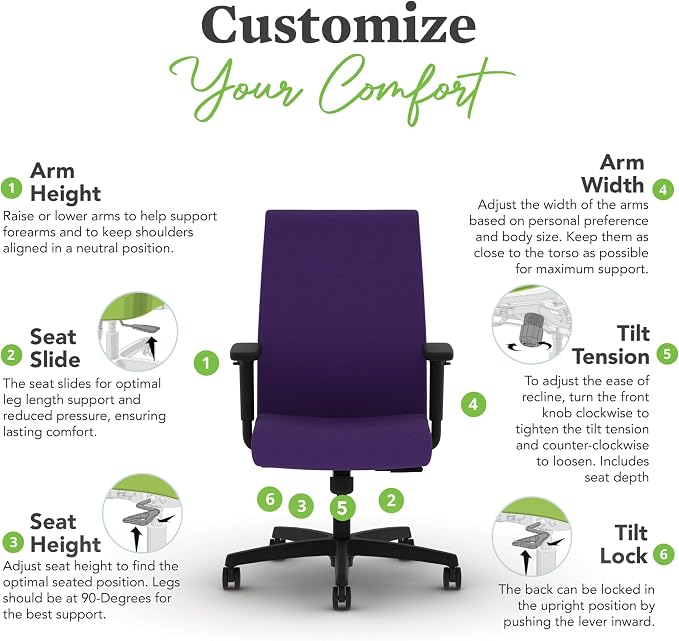 HON Ignition 2.0 Ergonomic Office Chair with Adjustable Arms, Standard Synchro‑Tilt Recline, Upholstered Desk and Computer Chair for Home Office or Workstation, Black Frame, Iris