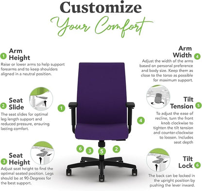 HON Ignition 2.0 Ergonomic Office Chair with Adjustable Arms, Standard Synchro‑Tilt Recline, Upholstered Desk and Computer Chair for Home Office or Workstation, Black Frame, Iris