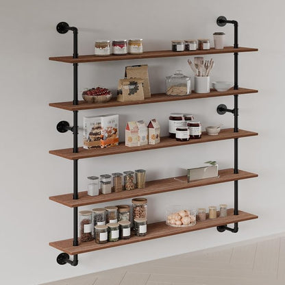 HDDFER Floating Shelves for Wall Bookshelf Industrial Pipe Shelving Shelves 48 Inch 5 Tier Natural Wood Planks Rustic Wall Shelves Hanging Bookshelves Farmhouse Kitchen Shelving