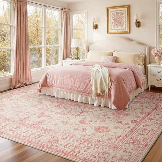 RELEANY Area Rugs Large 9'x12' Washable Non-Slip, Floral Vintage Distress Medallion Carpet for Living Room Bedroom Dining Room, Pink Light Vintage Pink