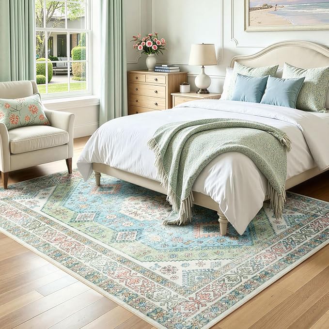 Lofus Vintage Living Room Rugs 5x7, Soft Machine Washable Area Rug for Bedroom Indoor Floor Home Office House Decor, Oriental Traditional Distressed Farmhouse Carpet, Boho Sage Green and Light Blue