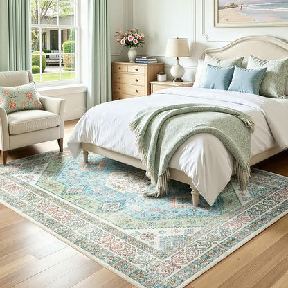 Lofus Vintage Living Room Rugs 5x7, Soft Machine Washable Area Rug for Bedroom Indoor Floor Home Office House Decor, Oriental Traditional Distressed Farmhouse Carpet, Boho Sage Green and Light Blue