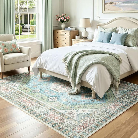 Lofus Vintage Living Room Rugs 5x7, Soft Machine Washable Area Rug for Bedroom Indoor Floor Home Office House Decor, Oriental Traditional Distressed Farmhouse Carpet, Boho Sage Green and Light Blue