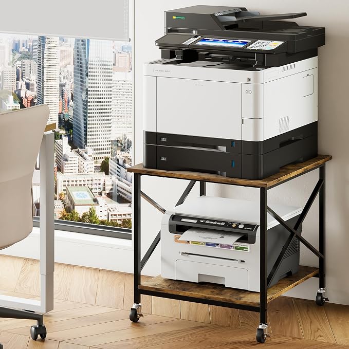 Warmiehomy 24"x24"x24" Large Printer Stand with Storage, 2 Tier Rolling Printer Cart Table, Mini Fridge Stand with Wheels, Use for 3D Laser Printer Home Office, Rustic Brown
