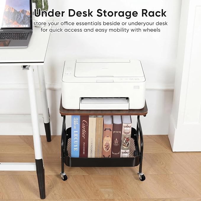 Rolling Printer Stand with Wheels 2 Tier Under Desk Printer Table with Storage, Mobile Small Short Rolling Cart for Home Office Pantry Organization, Black